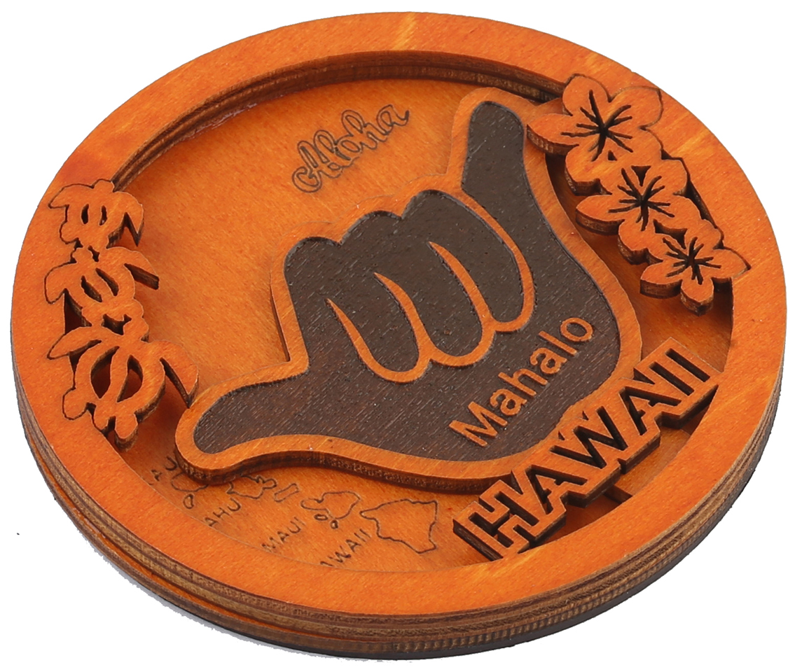 Hawaii Shaka & Island Map Wood 7cm / 2.75 Surfboard Wood Craved