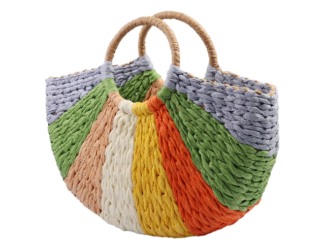 40x22x9cm Colorful Half Moon Straw Weaved Bag w/ Round Handle